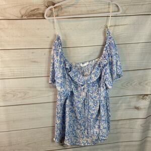 Lush Blue Floral Smocked Back Ruched Front Flutter Sleeve Blouse Size 2X